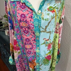 NWT John Mark Teal pink green artsy floral bohemian roll tab Shirt 1x